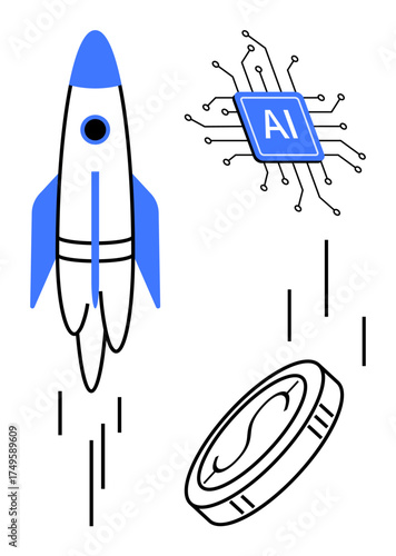 Rocket launching, AI chip, and stylized coin symbolizing technology, innovation, automation, financial growth, artificial intelligence, space exploration and progress. Ideal for startup fintech
