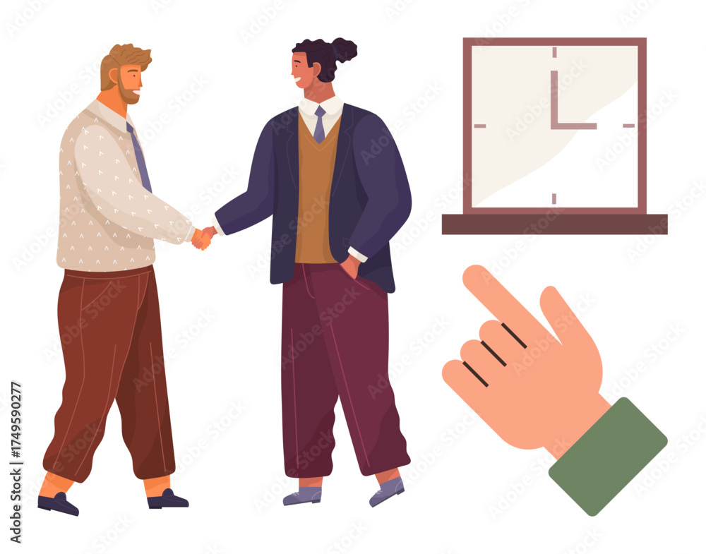 Fototapeta premium Two people shake hands, emphasizing agreement and collaboration. Includes a clock and pointing hand, reinforcing time, goals, partnership, teamwork, negotiation efficiency and deadlines. Ideal