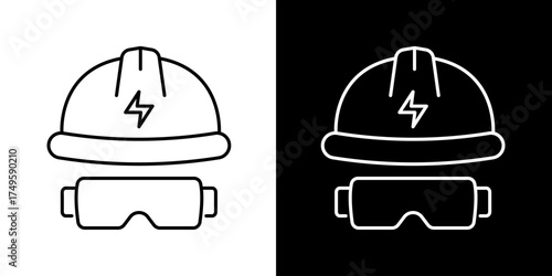 Electrician's Protective Gear Hard Hat and Goggles Icon in Black and White Designs