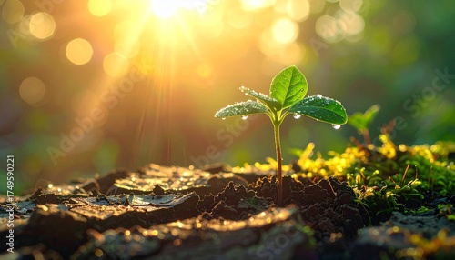 Sprouting plant absorbs morning sunshine