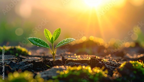 Green seedling grows under bright sunlight
