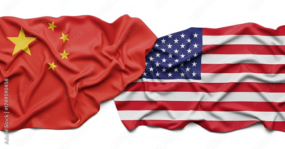 Obraz premium 3D render of the Chinese and American national flags intertwined and overlapping Isolated on a clean white background.