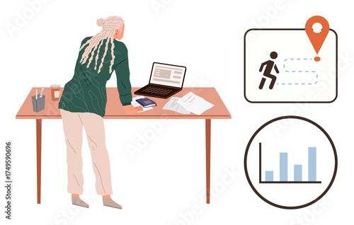 Woman leaning on desk analyzing papers, laptop, navigation path, and bar graph. Ideal for planning, strategy, business growth, goal setting education research productivity. Simple flat metaphor