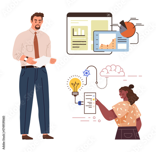 Man reviewing reports, woman brainstorming ideas near charts, graphs, and a lightbulb. Ideal for teamwork, innovation, analytics, education business strategy brainstorming collaboration. Simple
