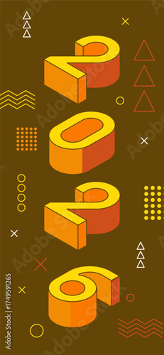 Happe New Year 2026 poster design with voluminous 3d numbers in yellow color