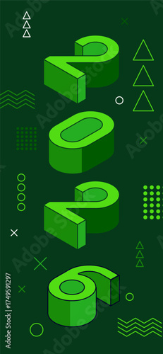 Happe New Year 2026 poster design with voluminous 3d numbers in green color
