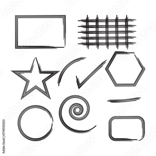 Hand-Sketched Graphic Elements with Textured Borders and Checkmark