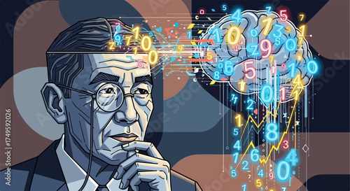 Data analysis illustration: man's head with flowing numbers to digital brain. Digital information represents complex calculations and analytical thinking. Perfect for modern data analysis use.