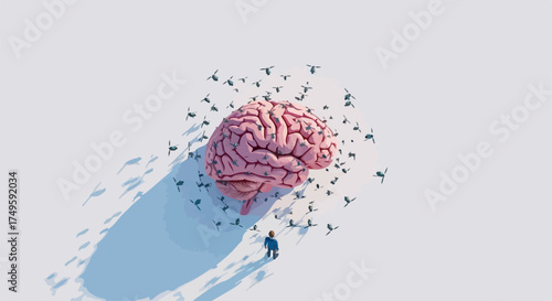 High angle view of human brain concept with tiny people and drones surrounding neural structure. Brain concept illustrates complex thoughts, artificial intelligence, and network connections.