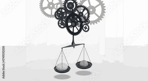 Complex thinking process illustrated with gears and balanced scales. Intricate thinking process concept shows human brains on weighing scale, representing logic and emotion in tandem.