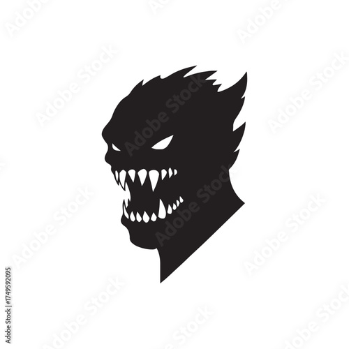 Black monster head silhouette with sharp teeth and fierce expression. Dark vector illustration symbolizing fear, danger, and horror in a bold minimal style.