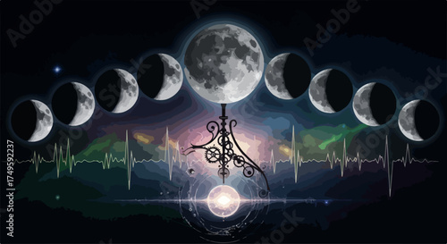 Lunar phases illustration with astrological symbols and heartbeat line design. Moon cycle graphic for wellness, spiritual, or scientific concept. Vector art for posters, infographics,