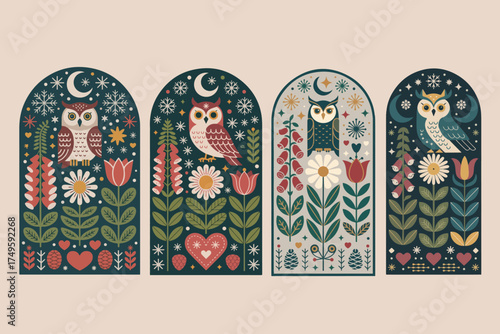 Charming folk art owl designs four arched panels woodland animals nature elements festive