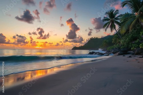 Tropical Beach Sunset - A Serene Coastal Paradise at Dusk.