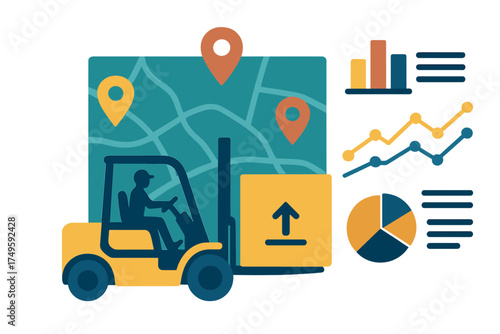 Forklift operator moving cargo with location tracking and analytics charts