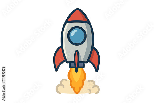 Cartoon rocket ship launching with fire and smoke trail