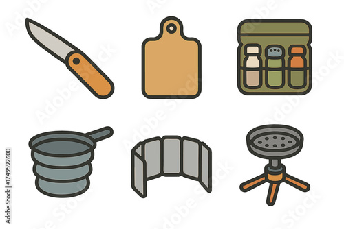 Camping cooking equipment icons for outdoor kitchen gear setup