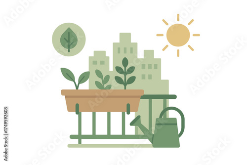 Urban balcony gardening with potted plants and city skyline background