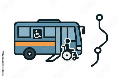 Public transit bus with deployed ramp and accessibility symbols