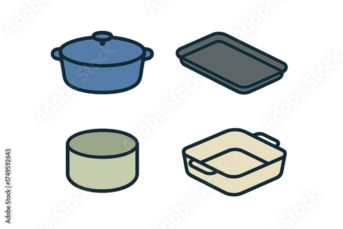 Isometric icons of cooking pots and various baking dishes