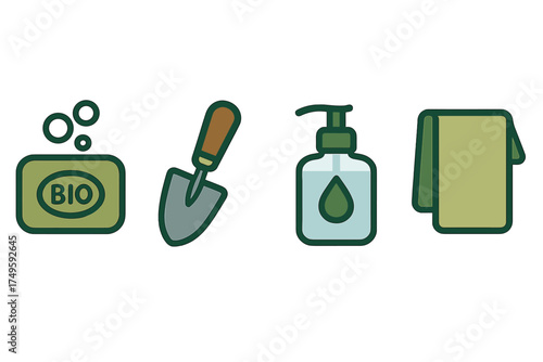 Gardening cleaning supplies icons set organic soap trowel sanitizer towel