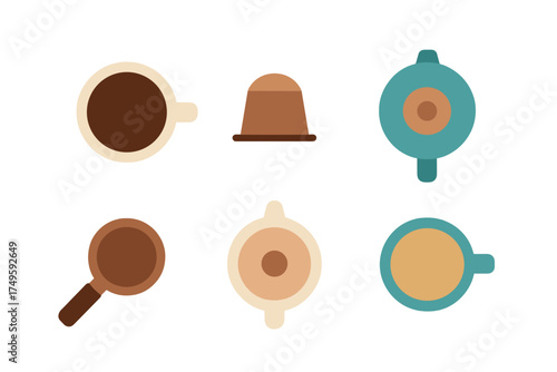 Top view of assorted coffee capsules and various drinking cups