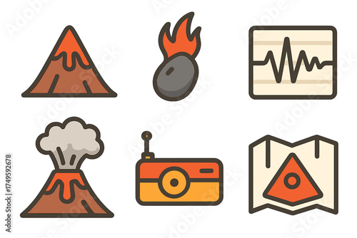 Volcano and earthquake monitoring icons in modern flat design style
