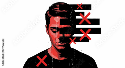 Conceptual cancellation illustration shows face with red crosses, graphic elements. Cancellation is complete with face disappearing, memory fading, and future gone. Idea cancellation for digital art,