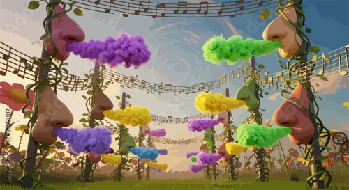 Whimsical noses blowing colorful clouds in a musical garden, vector illustration for creative concepts. for branding, packaging, banner, poster, website header, and social media design use