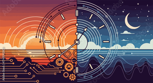 Vector illustration of time passing from sunrise to night with clock face and digital elements. Concept of day and night cycle with technological integration.