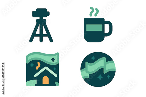 Stylized icons for viewing aurora borealis with tripod and warm beverage