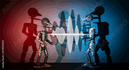 Vector illustration of two abstract figures in conflict with sound wave between them, symbolizing communication breakdown or debate. Conceptual vector art for dispute resolution or dialogue.