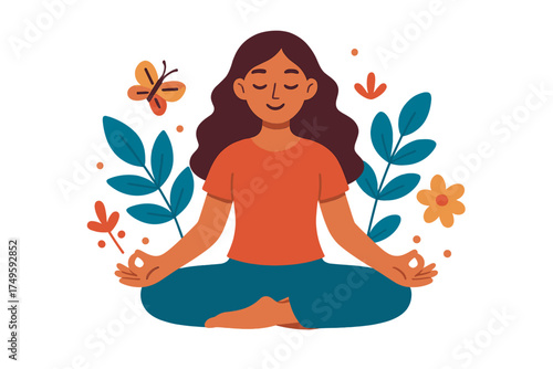 Peaceful woman practicing yoga and meditation surrounded by stylized natural elements