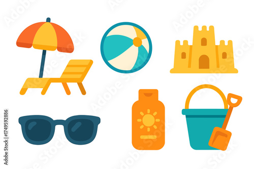 Set of flat icons for summer beach vacation essentials and sun protection
