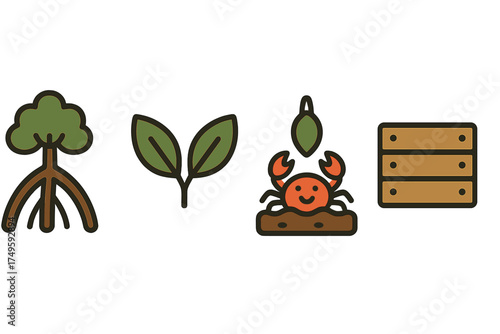 Mangrove ecosystem elements icons featuring tree crab and young plant