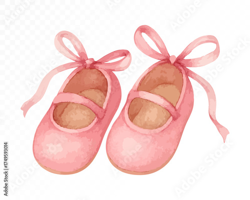 Watercolor pink baby shoes with satin ribbons, soft handmade design in delicate pastel tones, charming and elegant nursery illustration for little girls. Vector illustration.
