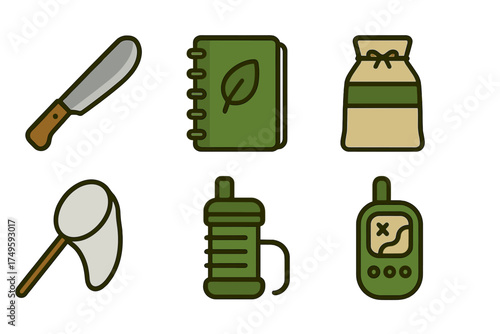 Set of stylized icons for nature exploration and field research equipment