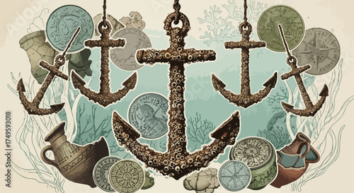 Nautical anchor collection vector illustration with ancient coins and pottery shards, maritime adventure theme, sea exploration concept.