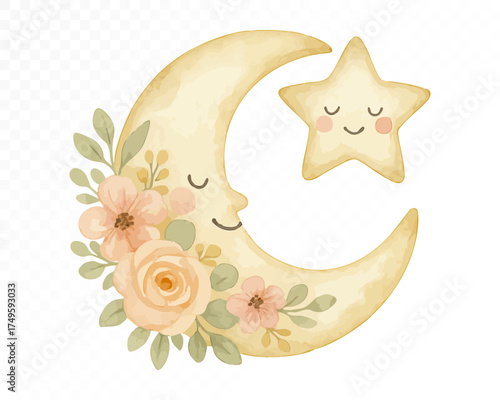 Smiling crescent moon and star with pink and beige flowers, soft pastel baby nursery composition in dreamy watercolor style. Vector illustration.