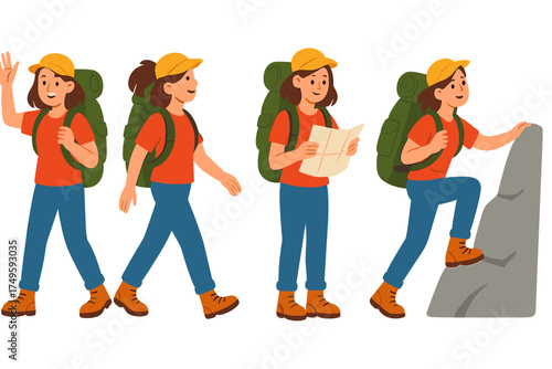 Set of female hiker poses walking waving reading map and climbing outdoors