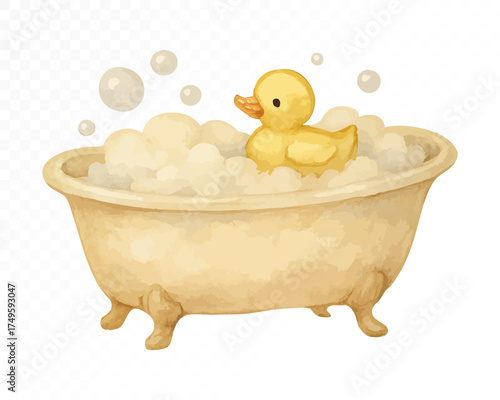 Cute yellow duck floating in a cream bathtub full of foam, warm baby nursery art with pastel bubbles and joyful tone. Vector illustration.