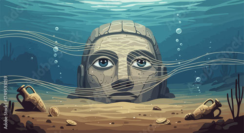 Ancient stone head sculpture submerged underwater with amphorae, vector illustration. Mysterious underwater archaeological discovery, ancient civilization artifact, lost city concept.