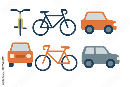 Stylized icons of personal transportation including bicycles and automobiles