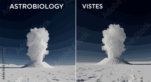 Astrobiology research comparing geysers on Earth and potential extraterrestrial water plumes, vector illustration. for branding, packaging, banner, poster, website header, and social media design use