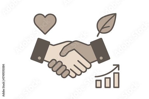 Handshake symbolizing business partnership with growth and sustainability icons