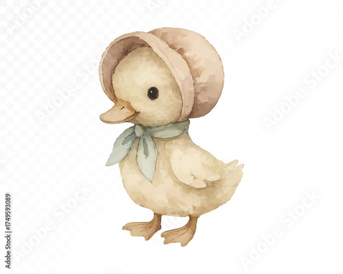 Cute baby duckling wearing vintage bonnet and blue ribbon, soft pastel nursery animal in delicate watercolor tones. Vector illustration.