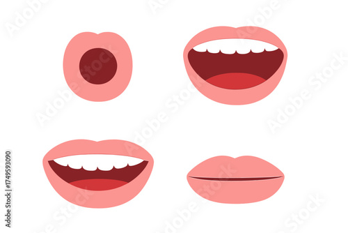 Four stylized human mouth and lip positions for communication concepts