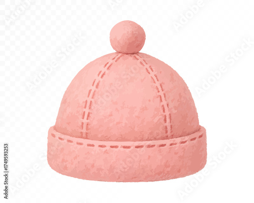Watercolor pink felt baby hat with soft stitched texture and cute pompom, cozy handmade nursery illustration perfect for newborn girl decor and baby shower design. Vector illustration.