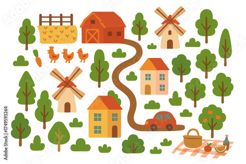 Stylized rural landscape elements featuring farm buildings and nature icons