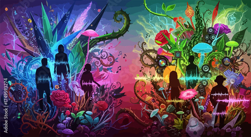 Psychedelic fantasy landscape vector art with silhouettes of people and vibrant flora, representing inner world and connection.